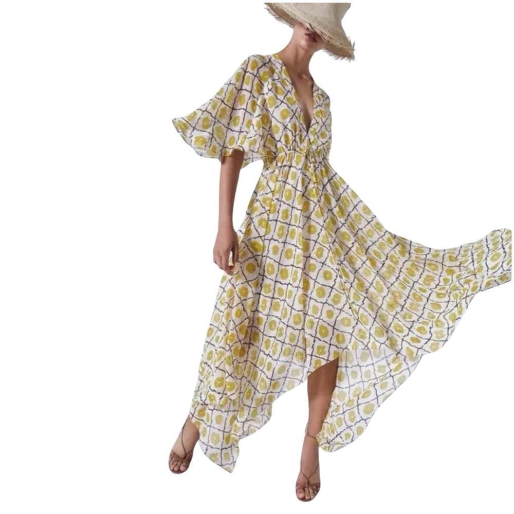 Alexis Sania Handkerchief Dress‎ In Yellow And White Flowy Size Small